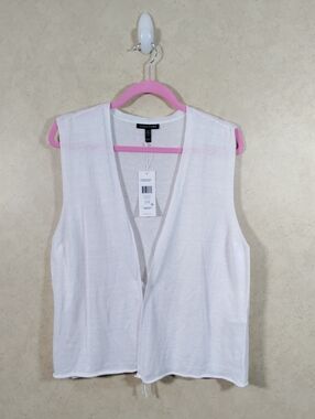 G183 Eileen Fisher white organic linen cotton v-neck vest M NWT